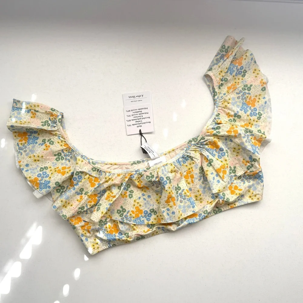 & Other Stories Floral‎ Ruffle Bikini Top Yellow Blue Paris Atelier NWT US 12